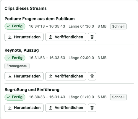 Liste Clips dieses Streams mit drei fertigen Clips: Begrüßung und Einführung, Keynote Auszug, Podium Fragen aus dem Publikum