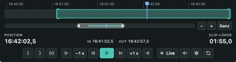Zeitleiste des Clip-Monitors, gezoomt, mit In-Punkt, Out-Punkt und Wiedergabekopf, darunter Position, Clip-Länge und die Steuerleiste