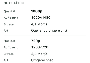 Qualitäten 1080p, durchgereicht mit 4,1 Mbit/s, und 720p, umgerechnet mit 2,4 Mbit/s