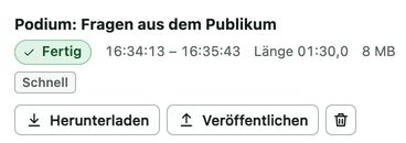 Fertiger Clip „Podium: Fragen aus dem Publikum“, Länge 01:30,0, Schnittart schnell, mit Herunterladen und Veröffentlichen